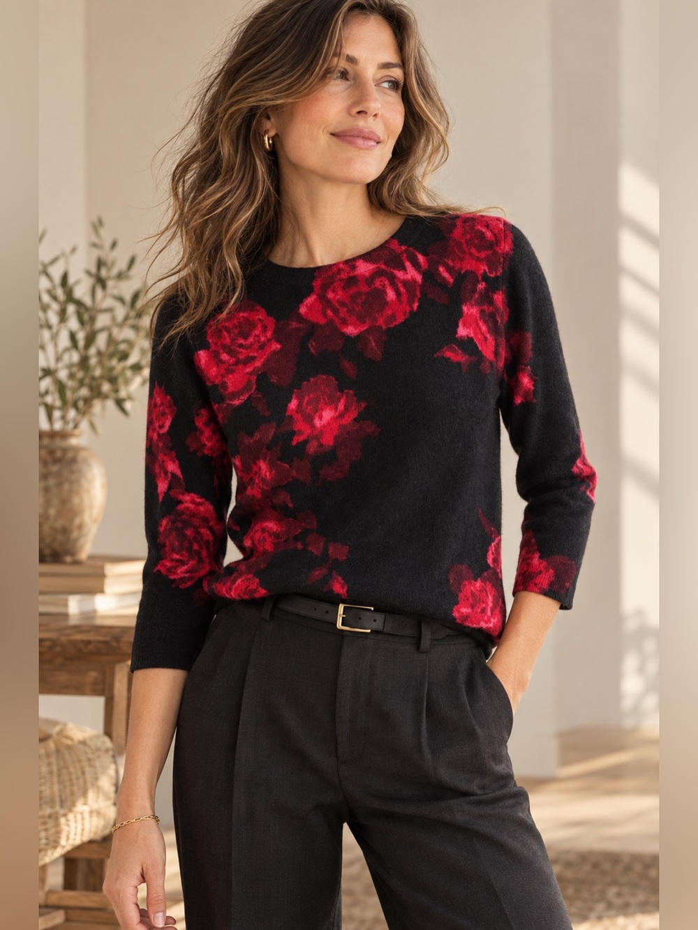 Talbots 100% Cashmere Sweater S Black Red Rose Floral 3/4 Sleeve Luxury